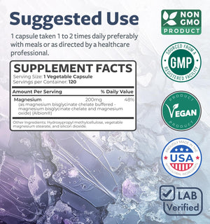 High Absorption Magnesium Bisglycinate Capsules - Clinically Validated Buffered and Chelated Magnesium Supplement - 1 Daily Vegan Capsule with Lab Verified Gentle 200mg Serving (4 Month Supply) - PrimeBioHealth - canada supplements
