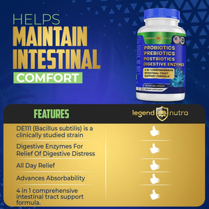 Legend Nutra Probiotics + Prebiotics Postbiotics Digestive Enzymes = 4 in 1 Formula Supplement for Better Digestion Health Women - PrimeBioHealth - canada supplements