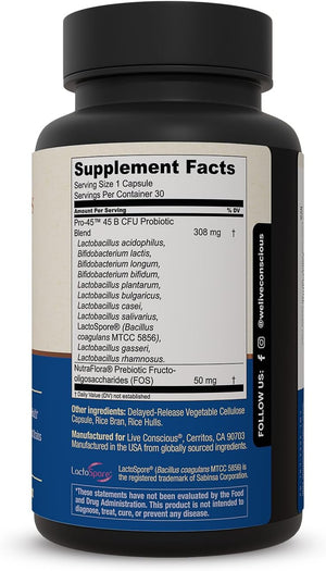 Live Conscious PRO45 Probiotics for Women & Men: Comprehensive Formula, 45 Billion CFU, 11 Strains, Dairy Free - w/Prebiotics and Probiotics - Promotes Immune & Gut Health - 30 Veggie Caps - PrimeBioHealth - canada supplements