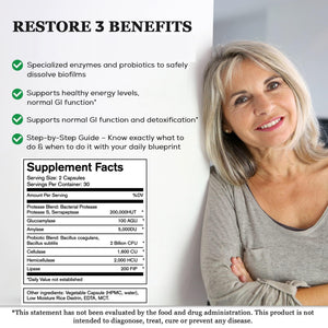 Native Formulas Restore 3 Proteolytic Enzyme & Spore Probiotic Blend Supplement - 60 Capsules - Advanced Biofilm Disruption Aid - PrimeBioHealth - canada supplements