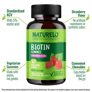 NATURELO Biotin Gummies - Supports Healthy Hair, Skin & Nails - High Potency 2500 mcg - Non GMO, Gluten Free - 60 Gummies - PrimeBioHealth - canada supplements