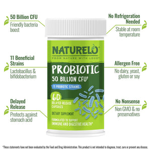 NATURELO Probiotics for Digestive Health - 50 Billion CFU, 11 Strains, Daily Use Supplement - Boosts Immune System, Delayed Release, - PrimeBioHealth - canada supplements