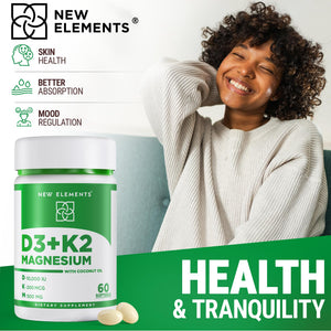 New Elements Vitamin D3 K2 10,000 IU with Magnesium Glycinate 500mg - Bone Health, Immune Support, Energy & Mood - Non-GMO, Gluten-Free - PrimeBioHealth - canada supplements