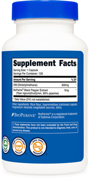 Nutricost DIM (Diindolylmethane) Plus BioPerine 300mg, 120 Vegetarian Capsules - Up to 4 Month Supply, Max Strength DIM Supplement - PrimeBioHealth - canada supplements
