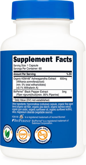 Nutricost KSM-66 Ashwagandha Root Extract (600mg) 60 Capsules | 5% Withanolides & BioPerine, Full-Spectrum Root Extract - PrimeBioHealth - canada supplements