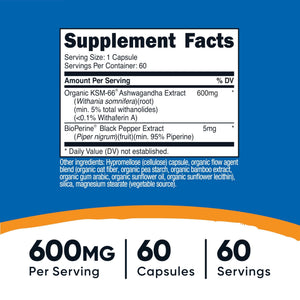 Nutricost KSM-66 Ashwagandha Root Extract (600mg) 60 Capsules | 5% Withanolides & BioPerine, Full-Spectrum Root Extract - PrimeBioHealth - canada supplements