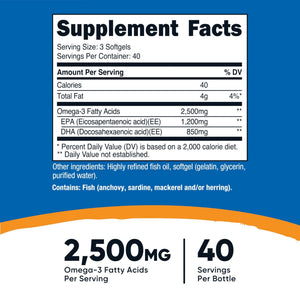 Nutricost Omega 3 Fish Oil - 2500MG, 120 Softgels (40 Serv) - Fish Oil, Wild Caught! 1200mg EPA 850mg DHA - PrimeBioHealth - canada supplements