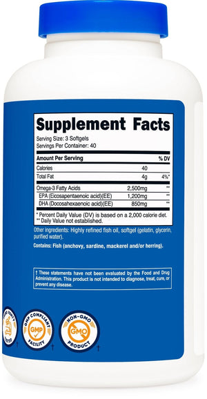 Nutricost Omega 3 Fish Oil - 2500MG, 120 Softgels (40 Serv) - Fish Oil, Wild Caught! 1200mg EPA 850mg DHA - PrimeBioHealth - canada supplements