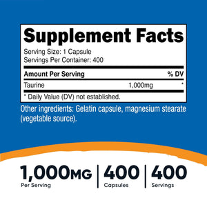 Nutricost Taurine 1000mg, 400 Capsules - PrimeBioHealth - canada supplements