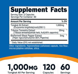 Nutricost Tongkat Ali 1,000mg 120 Capsules, Gluten Free, GMO-Free | With Tribulus Terrestris and BioPerine, Vegetarian Caps, Potent Extract - PrimeBioHealth - canada supplements