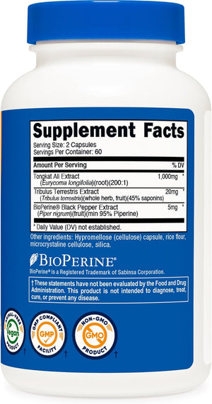Nutricost Tongkat Ali 1,000mg 120 Capsules, Gluten Free, GMO-Free | With Tribulus Terrestris and BioPerine, Vegetarian Caps, Potent Extract - PrimeBioHealth - canada supplements