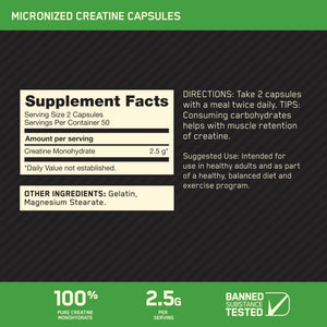 Optimum Nutrition Micronized Creatine Monohydrate Capsules, Keto Friendly, 2500mg, 100 Capsules - PrimeBioHealth - canada supplements