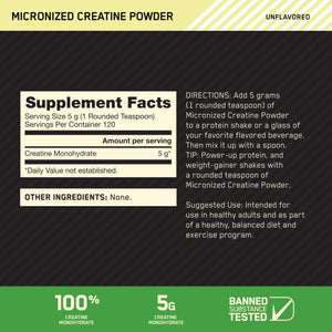 Optimum Nutrition Micronized Creatine Monohydrate Powder, Unflavored, 120 Servings, 600 Grams (Packaging May Vary) - PrimeBioHealth - canada supplements