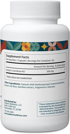Pattern Wellness Acetyl-L-Carnitine 500 mg Capsules – ALCAR Supplement for Cellular Energy Production, Cognitive Health & Healthy Metabolism – Vegan, Non-GMO – 30 Capsules - PrimeBioHealth - canada supplements