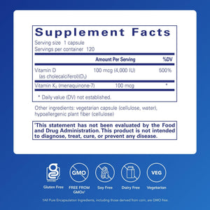 Pure Encapsulations Vitamin D3 & K2 - Bone & Vascular Health Support - Immune Function Support - Gluten Free - Non-GMO - 120 Capsules - PrimeBioHealth - canada supplements