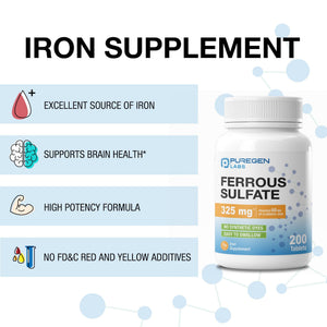 Puregen Labs Ferrous Sulfate 325 mg (65 mg Elemental Iron) High Potency Iron Supplement | No Artificial Color Additives - 200 Tablets - PrimeBioHealth - canada supplements