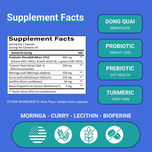 Ruolai ProBalance Probiotics for Women 68B CFU – Menopause, Bloat & Belly Support – Turmeric & Moringa - PrimeBioHealth - canada supplements