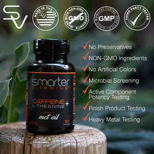 SmarterVitamins 200mg Caffeine Pills - MCT Oil from 100% Coconuts + 100mg L-Theanine, Energy and Focus - PrimeBioHealth - canada supplements