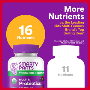 SmartyPants Organic Toddler Multivitamin Gummies: Probiotics, Omega 3 (ALA), Vitamin D3, C, Vitamin B12, B6, A, K & Zinc, Beta Carotene, Gluten Free - PrimeBioHealth - canada supplements