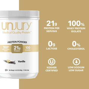 Unjury Whey Protein Powder | Vanilla | 21g 100% Whey Isolate Protein Powder | Low Carb and Lactose Free | Gluten Free | Certified Kosher | 15 Servings - PrimeBioHealth - canada supplements
