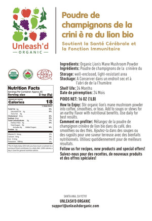 UNLEASH'D ORGANIC Organic Lion's Mane Mushroom Powder 16 oz – 100% Pure Natural Superfood, Rich in Antioxidants & Polysaccharides - PrimeBioHealth - canada supplements