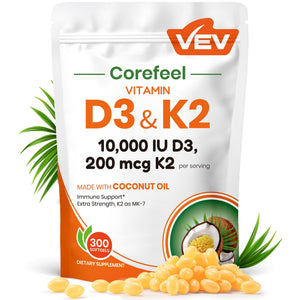 VEV Corefeel Vitamin D3 K2 10,000 IU, 200 mcg MK-7, 300 Coconut Oil Softgels, 2 in 1 Vitamins Supplement D & K (Include MK7), Easy to Swallow - PrimeBioHealth - canada supplements