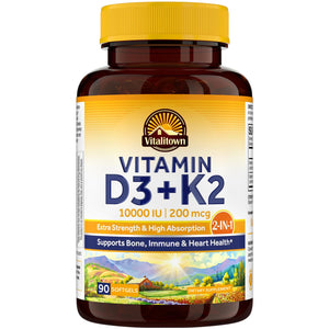 Vitalitown Vitamin D3 K2 Supplement, Vitamin D3 10000 IU Vitamin K2 (MK7) 200 mcg, 90 Softgels, Non-GMO, No Gluten & Soy - PrimeBioHealth - canada supplements