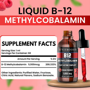 VITBOOST Vegan Liquid B-12 Drops – 60 x 5000 mcg Extra Strength Raspberry Flavored Vitamin B12 Liquid Methylcobalamin sublingual Supplement | Designed to Maximize Absorption - PrimeBioHealth - canada supplements