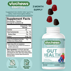 vivchews Gut Health Gummies – Prebiotic Fiber for Bloating Relief, No Sugar Added, Non-GMO, Fruit Pectin Based, Gluten-Free, No Artificial Colors, - PrimeBioHealth - canada supplements