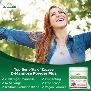 Zazzee D-Mannose Powder Plus, 2000 mg, 67 Servings, Plus 5 Billion CFU Probiotics and Pure Cranberry Juice Extract, Certified Kosher, Free Scoop, 6.67 oz, Urinary Tract Support, Non-GMO, All-Natural - PrimeBioHealth - canada supplements