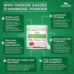 Zazzee D-Mannose Powder Plus, 2000 mg, 67 Servings, Plus 5 Billion CFU Probiotics and Pure Cranberry Juice Extract, Certified Kosher, Free Scoop, 6.67 oz, Urinary Tract Support, Non-GMO, All-Natural - PrimeBioHealth - canada supplements