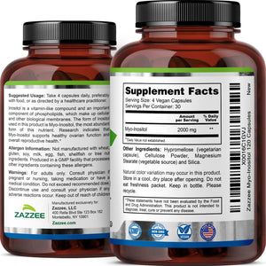 Zazzee Myo-Inositol Capsules, 2000 mg per Serving, 120 Vegan Capsules, Ideal Dosage for 40:1 Ratio, Certified Kosher, Hormone Balance & Healthy Ovarian - PrimeBioHealth - canada supplements