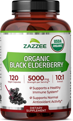 Zazzee USDA Organic Black Elderberry 10:1 Extract, 120 Vegan Capsules, 2 Month Supply, Sambucus Nigra, Antioxidant & Immune Support, Concentrated 10X Extract, All-Natural, Non-GMO, Made in the USA - PrimeBioHealth - canada supplements