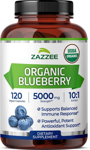 Zazzee USDA Organic Blueberry 10:1 Extract, 120 Vegan Capsules, 4 Month Supply, Whole Fruit, Vaccinium Angustifolium, Antioxidant & Cellular Health Support, Herbal Supplement, Non-GMO, Made in the USA - PrimeBioHealth - canada supplements