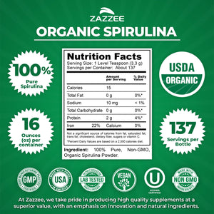 Zazzee USDA Organic Spirulina Powder, 2.2 Pounds (1 KG), 303 Servings, Certified Kosher, 100% Pure, Non-Irradiated, Mess-Free Wide Mouth Container, Fresh Smell and Neutral Taste, Non-GMO, Made in USA - PrimeBioHealth - canada supplements