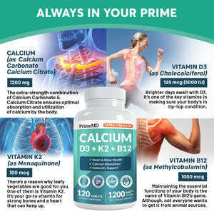 4-in-1 Calcium 1200 mg with Vitamin D3 K2 - Extra Strength Calcium Supplements for Women & Men with D3 K2 Vitamin 5000 IU - Everyday Vitality Supplement - PrimeBioHealth - canada supplements