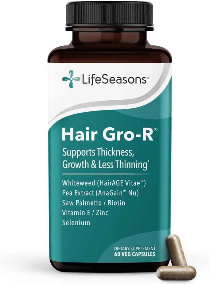 LifeSeasons Hair Gro-R - Clinically Studied Ingredients - Support Thickness Growth & Less Thinning - Reduce Hair Loss & Encourage Regrowth - Biotin Zinc Selenium & AnaGain Nu Pea Extract - 60 Capsules