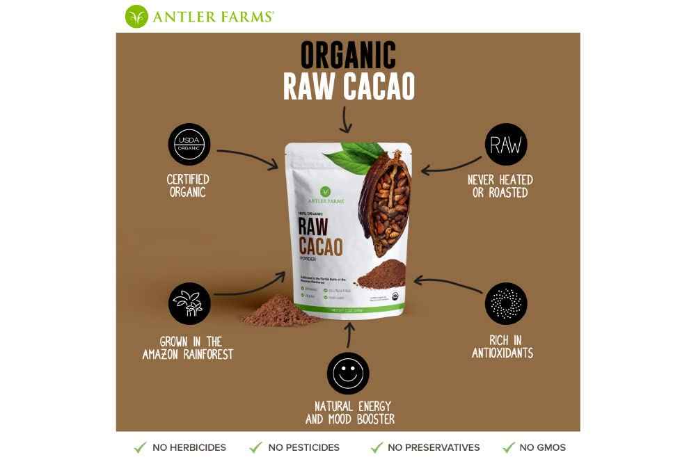 Antler Farms - 100% Pure Organic Raw Cacao Powder, 40 servings, 200g - Vegan, Gluten Free, Cultivated Naturally in Amazon Rainforest, Certified USDA Organic | 100% Pure, Vegan, Gluten Free, Cultivated Naturally in Amazon Rainforest, Certified USDA Organic