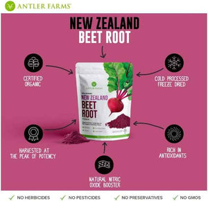 Antler Farms New Zealand Beet Root Powder - Organic, 40 Servings, 200g | 100% Pure, Freeze Dried, Raw, Vegan, Gluten Free, Naturally Rich in Nitrates for Performance & Vitality