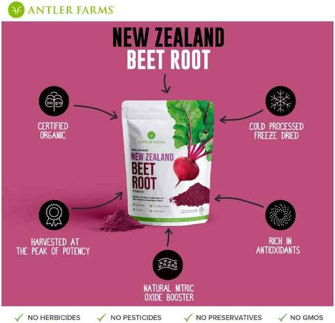 Antler Farms New Zealand Beet Root Powder - Organic, 40 Servings, 200g | 100% Pure, Freeze Dried, Raw, Vegan, Gluten Free, Naturally Rich in Nitrates for Performance & Vitality