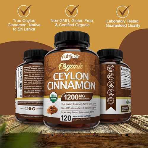 NutriFlair Organic Ceylon Cinnamon Supplement 1200mg, 120 Capsules - USDA Certified - Non-GMO, Gluten Free Powder, Antioxidant Pills