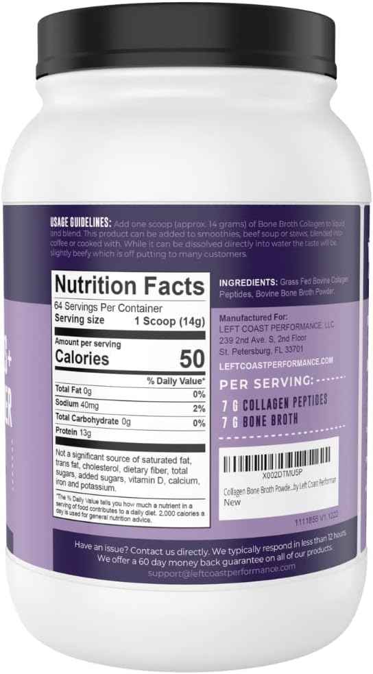 Left Coast Performance Collagen Bone Broth Powder 2lb, Bone Broth with Grass Fed Collagen Peptides. Unflavoured, Grass Fed, Hydrolyzed Beef, Zero Carb, Dairy Free Protein Powder. 64 Servings