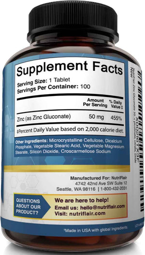 NutriFlair Zinc Gluconate 50mg, 100 Tablets - High Potency Immune System Booster Supplement Pills, Immunity Defense, Powerful Natural Antioxidant, Non-GMO, Compare with zinc picolinate, citrate, oxide