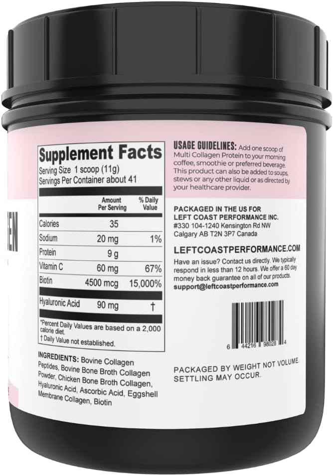 Left Coast Performance Pure Bone Broth and Multi Collagen Powder for Joint, Hair, Skin, and Nails Support