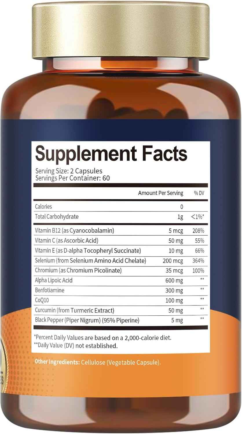 Alpha Lipoic Acid 600mg with Benfotiamine 300mg - ALA Supplement for Antioxidant, Nerve Health, Energy & Metabolism Support, Cell Energy, Neuropathy Supplement, Anti-Aging, Non-GMO, Gluten Free, Vegan