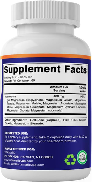 Vitamatic Magnesium Complex, 400mg Elemental MG (as Bisglycinate, Citrate, Taurate, Malate, Aspartate, Oxide, Gluconate, Lysinate Glycinate, Orotate, Succinate) - 120 Capsules per Pack - 2 Pack Vitamatic buy supplements Au