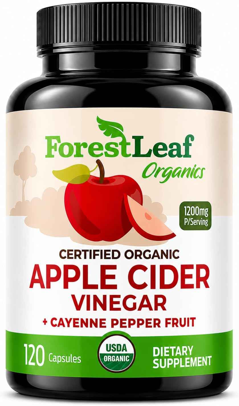 USDA Organic Apple Cider Vinegar Capsules with Mother, 1200 mg | Vegan & Non-GMO | Apple Cider Vinegar Pills with Cayenne Pepper & Ginger Root | 120 Caps
