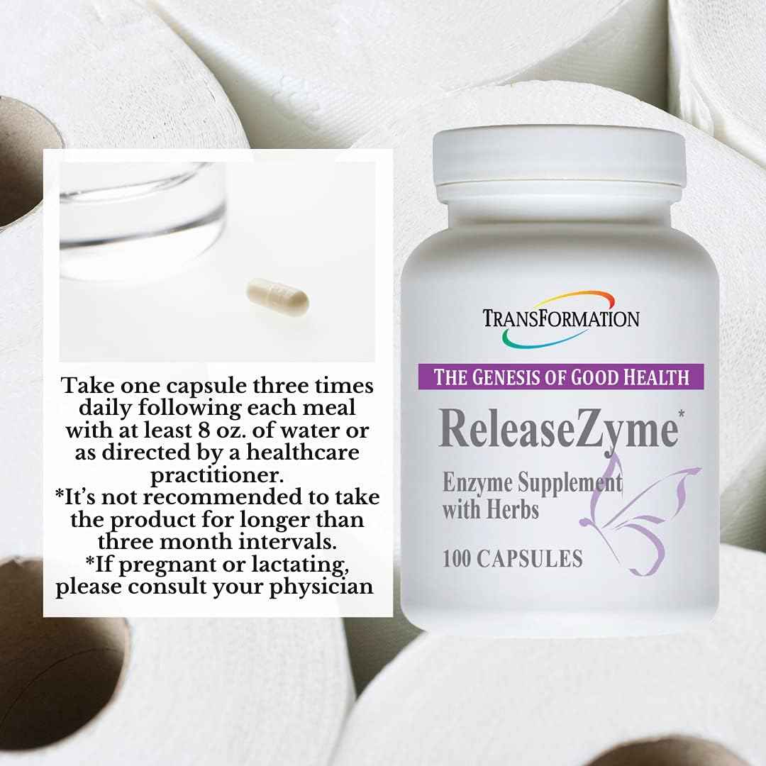 TRANSFORMATION THE GENESIS OF GOOD HEALTH Enzymes ReleaseZyme Blend Supplement with Natural Herbs, Advanced Digestive Support Formula with Protease, Helps Break Down Proteins, Plant Based Enzymes, 100