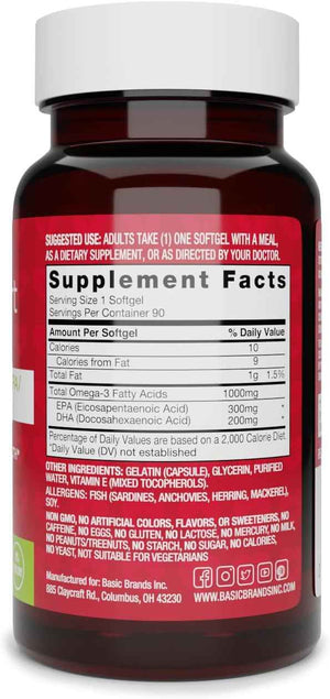 Basic Brands Super Smart Heart Omega Triple Strength, 1,000 mg 90 Count | EPA & DHA for Heart, Brain & Joint Support, Purified, Wild-Caught, Non-GM