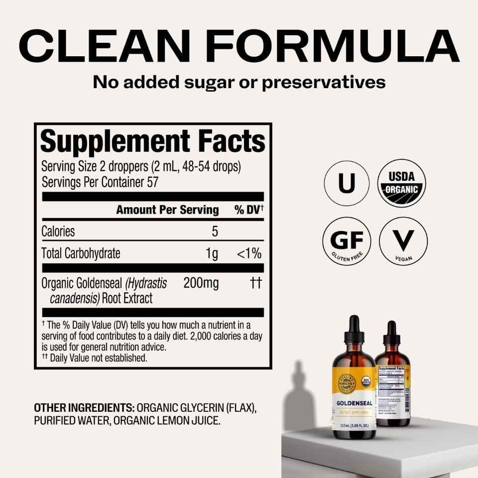 Vimergy USDA Organic Goldenseal Supplement – 57 2mL (2 Droppers or 48-54 Drops) Servings (200mg Extract Per Serving). Vegan, Alcohol-Free Golden Seal herb Drops Great for Tea (115 mL)